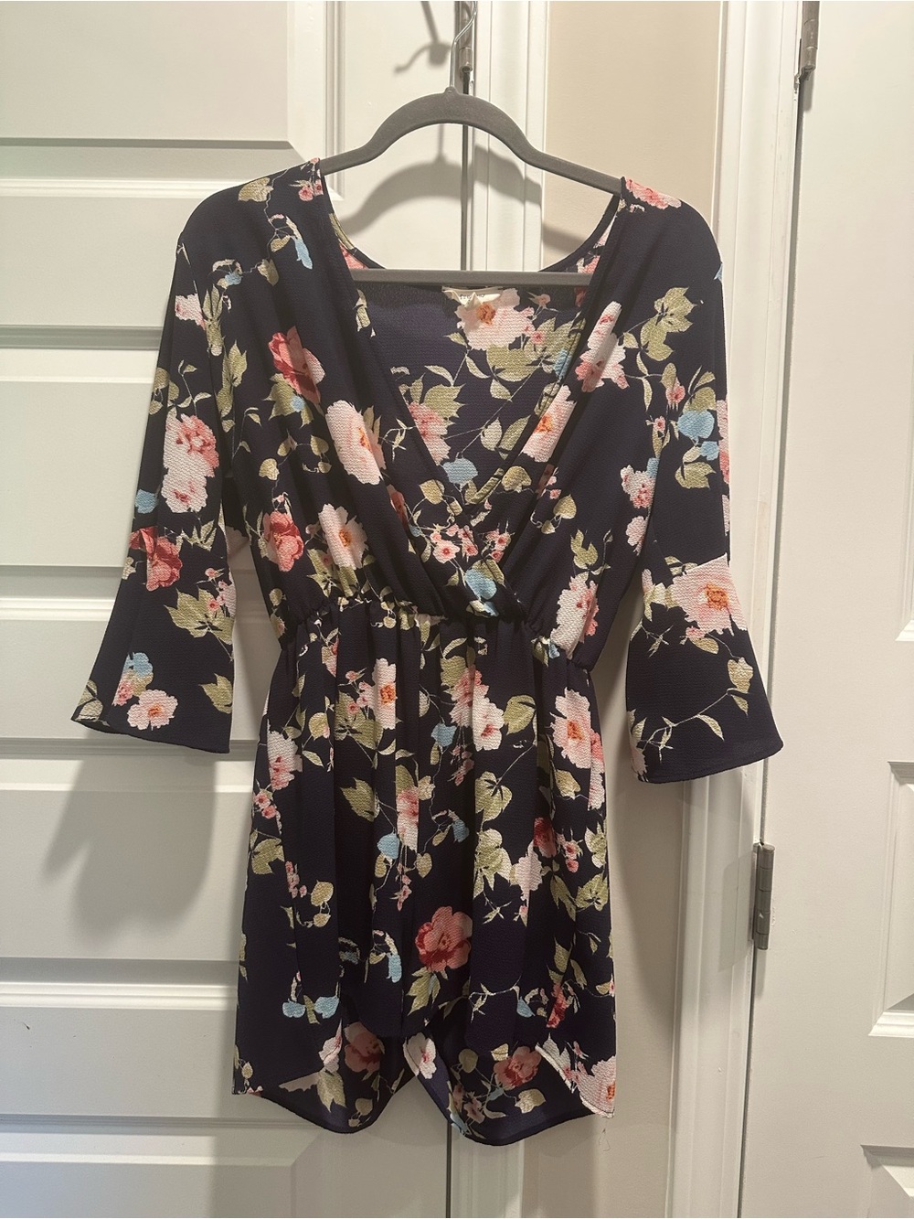 Freeway Navy Floral Wrap Romper with Pink, White and Green Flowers